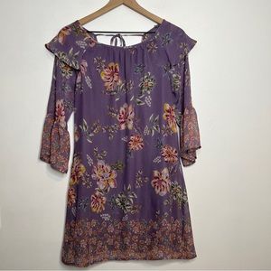 Blue Rain Purple Floral 3/4 Sleeves Flowy Dress Size Medium